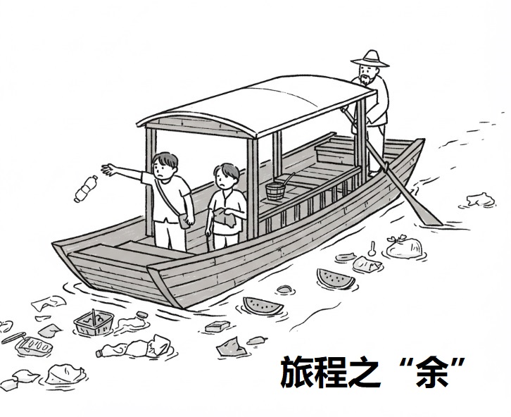 这是一幅黑白漫画,标题是“旅程之‘余’”