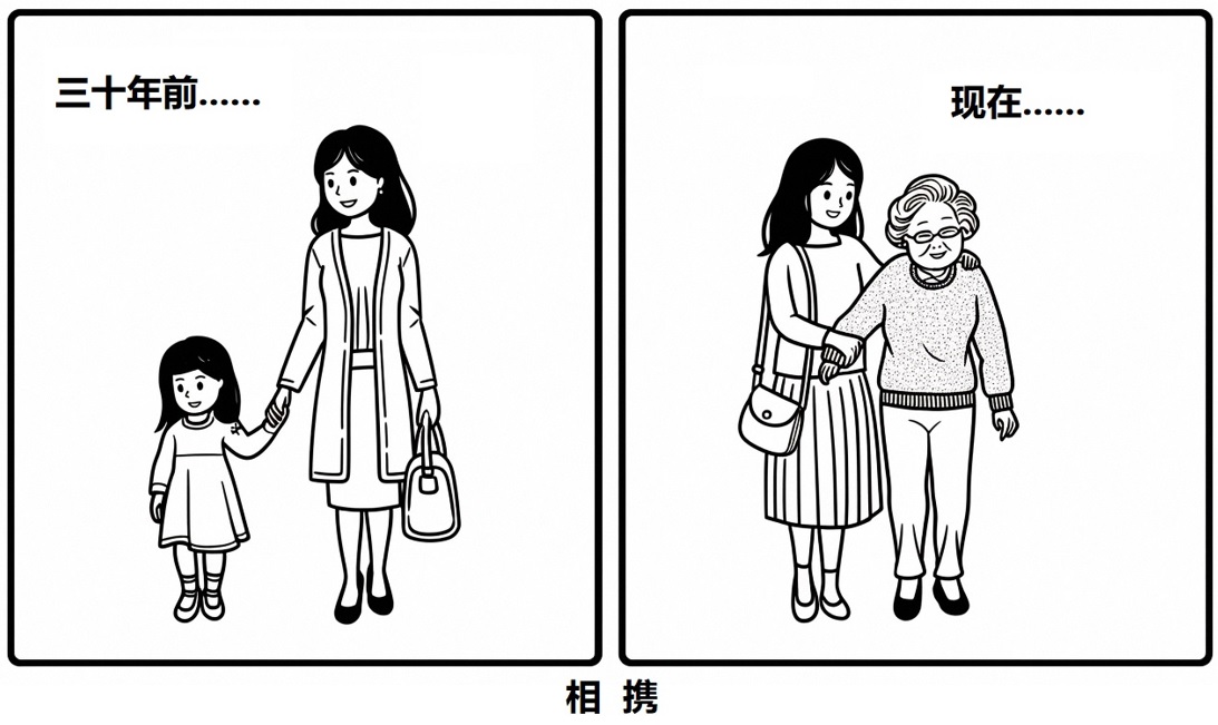 这是一幅标题为“相携”的漫画,分为左右两部分